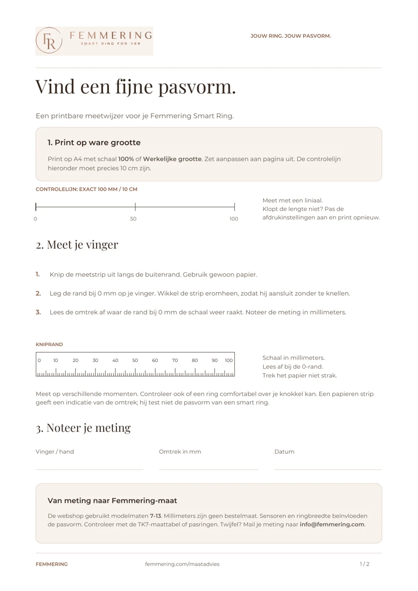 Voorbeeld van de eerste pagina van de Femmering printbare ringmaatwijzer